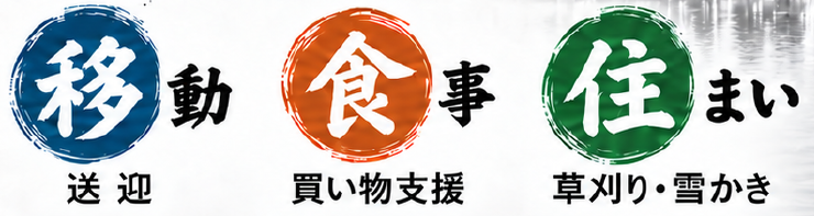 移動：送迎、食事：買い物支援、住まい：草刈り・雪かき